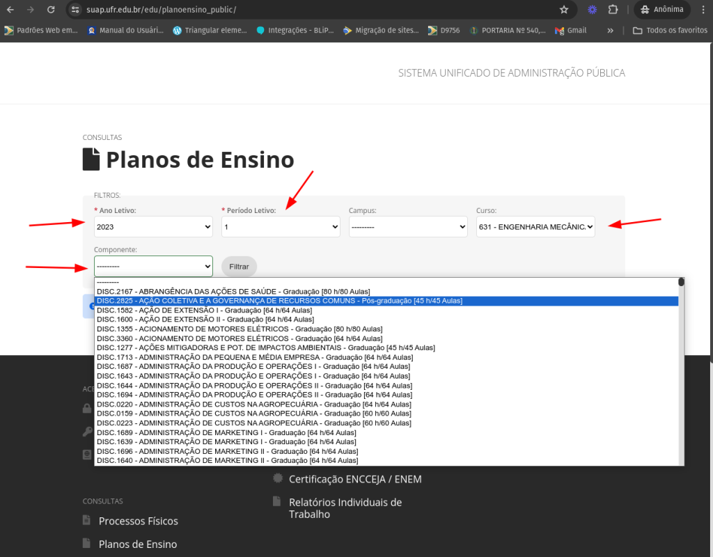Captura de tela do suap.ufr.edu.br, aplicando filtro para a busca do plano de ensino.