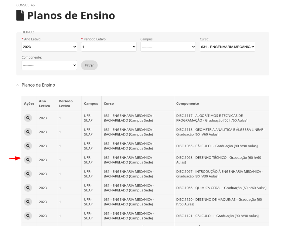 captura de tela do suap.ufr.edu.br, indicando a lupa para visualizar o plano de ensino.